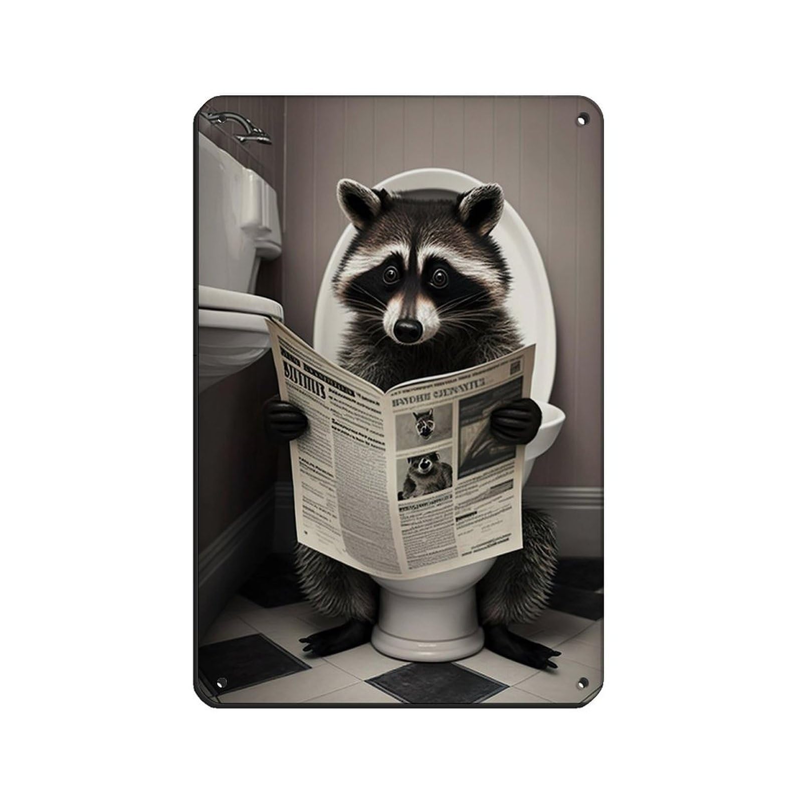 Raccoon Sitting on The Toilet Reading A Newspaper Tin Sign Vintage Metal Pub Club Cafe Bar Home Wall Art Decoration Poster Retro 8x12inch(20x30cm)