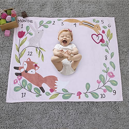 Image of Little Love by NoJo Woodland Animals Pink and Green Bunny, Fox and Squirrel Super Soft Photo Op Milestone Baby Blanket