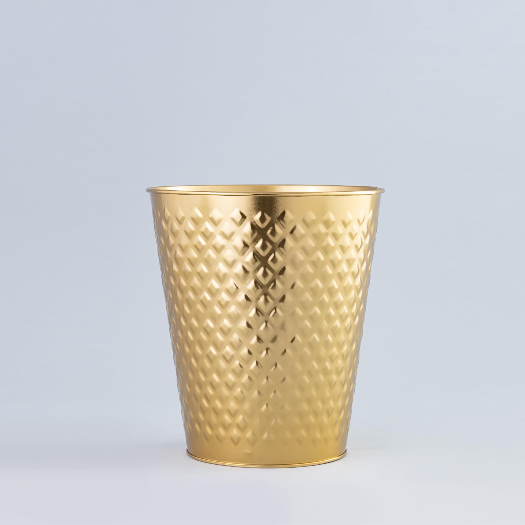 Indecrafts Brass Trash Can 3.5 Litre Wastebasket Dustbin Round Open Top Trash Can Bathroom Bedroom Kitchen Office|Dorm Room Disposal Waste Bin|Hotel Style Garbage Basket Bin (Embossed, Gold)
