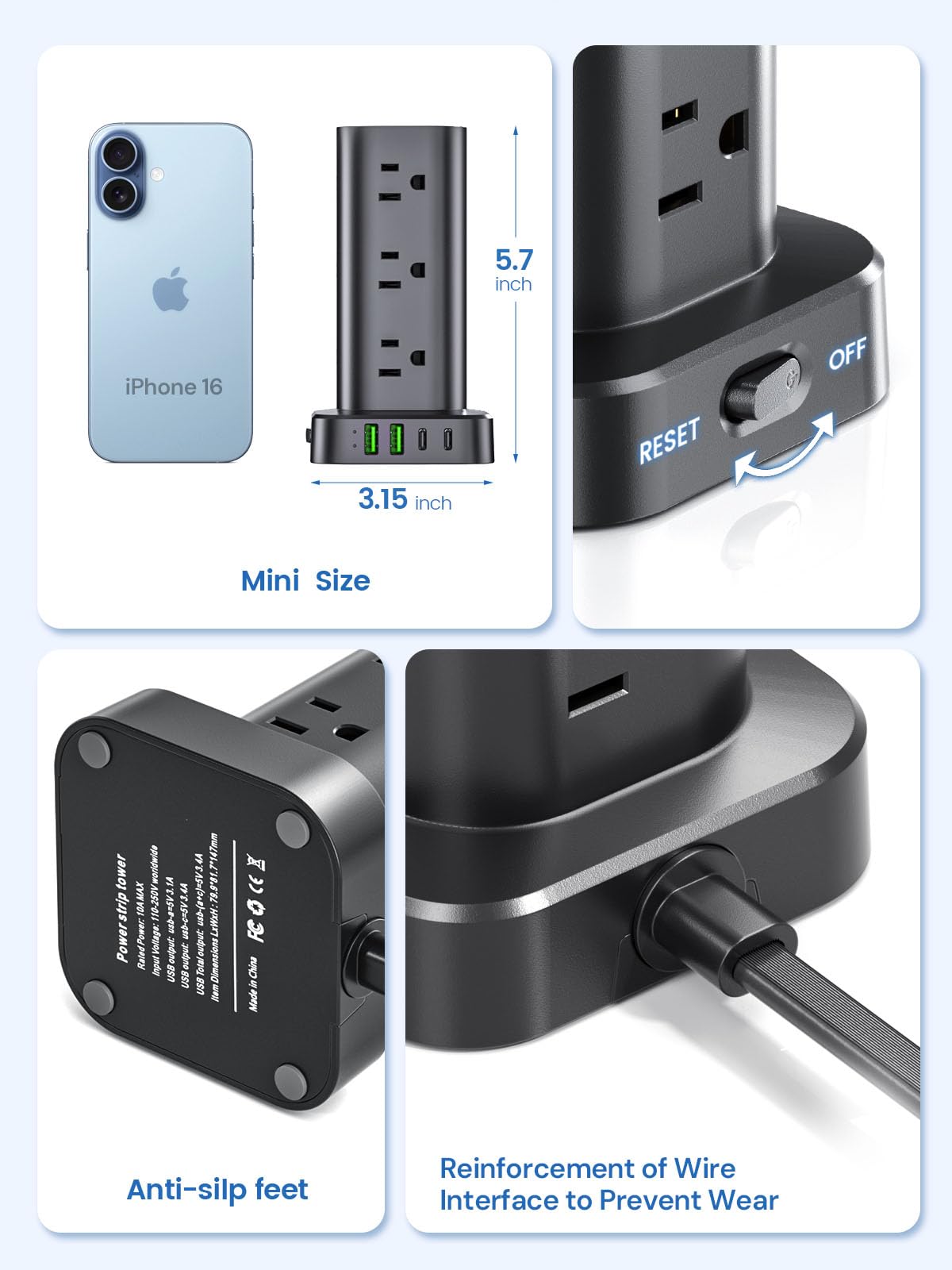 Tira de alimentación de torre con protector de sobretensión, 12 salidas de CA y 4 puertos USB (2 USB-C), cable de extensión de 6 pies, torre de estación de carga para hogar, oficina, recámara, viaje