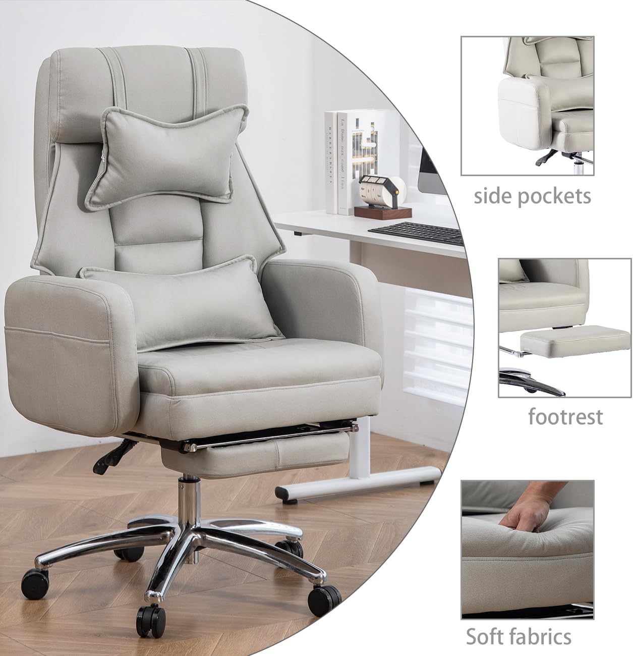 Executive Office Chair, Big and Tall Ergonomic Desk Chairs with Headrest & Footrest, Adjustable High-Back Recliner, Swivel Computer Chair w/Side Pockets, Lumbar Support for Home Office (Light Grey)