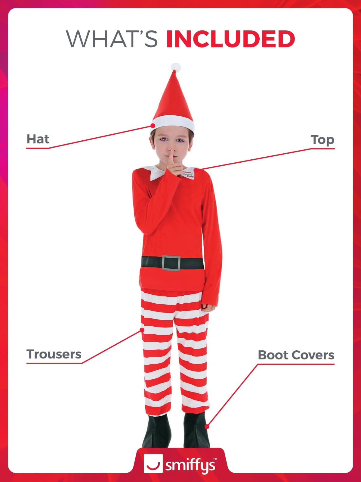 Smiffys Elves Behavin' Badly Costume for Kids Top, Trousers, Boot Covers, and Hat, Red and White, Officially Licensed - Image 4