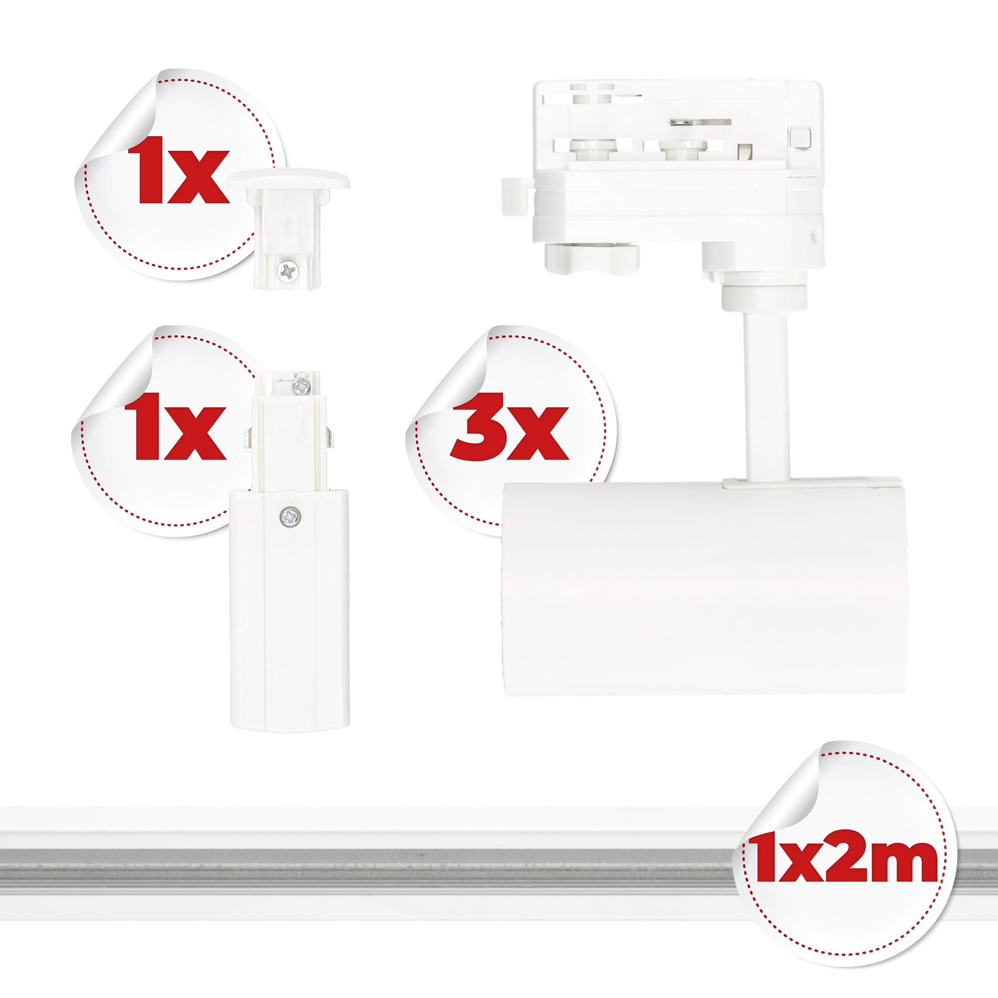 3-Phasen-Schienenset NEXTRACK - Schienensystem Komplett-Set mit 3x GU10 Lampe und Schiene, Stromversorgung + Kappe (Weiß, Schiene 1 Meter)