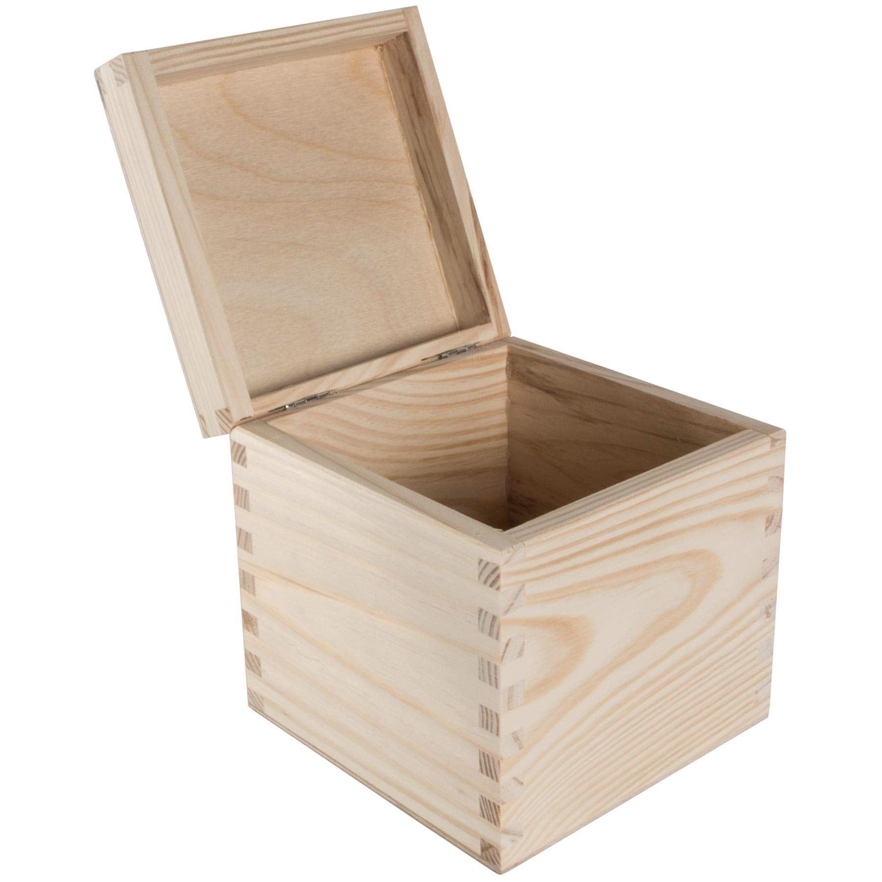 WooDeeDoo Square Wooden Keepsake Box with Hinged Lid – 13 x 13 x 13.5 cm – Natural Pine Cube Storage for Crafts Gifts Personalised Decoration Memory Trinkets or Creative Home Organisation