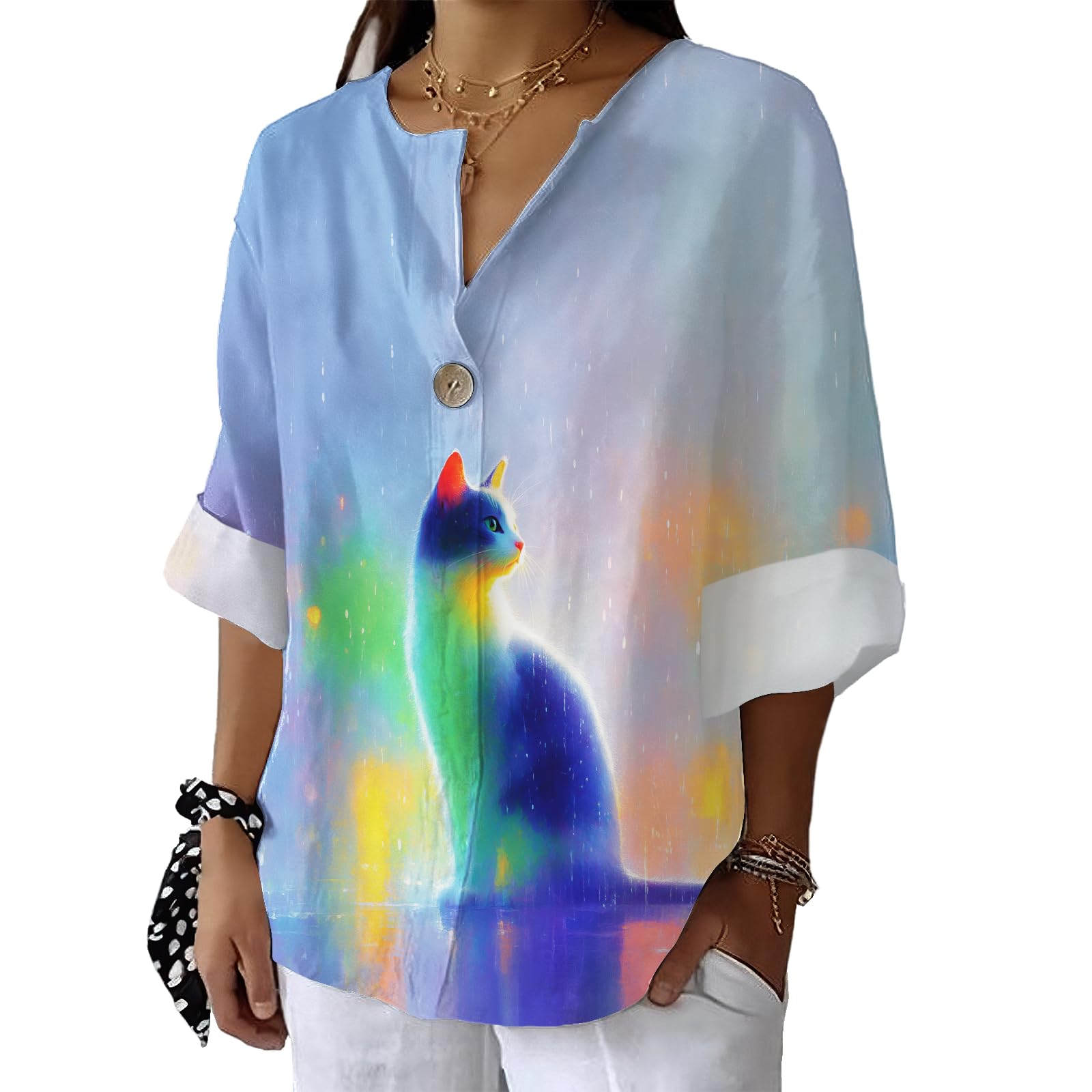 Adorable Cat Flower Graphic Shirt Womens Casual Fashion 3 4 Sleeve Tops Summer V Neck Blouse Elegant Loose