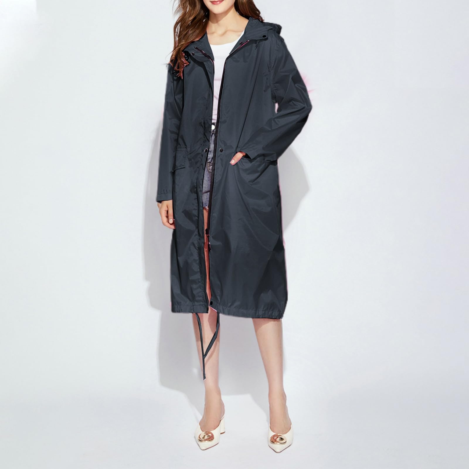 Generisch Chubasquero para mujer, ligero, largo, con capucha, Gabardina de poliuretano, cortavientos de moda para exteriores, chaqueta impermeable de longitud completa