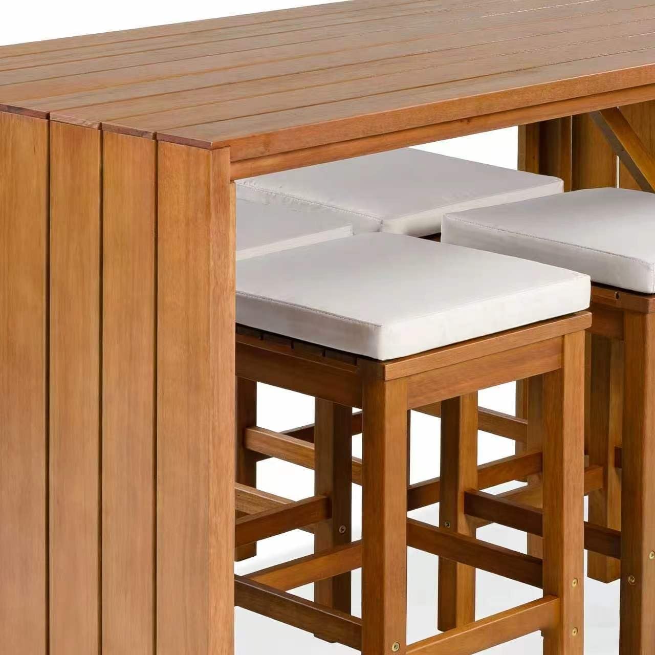 Outdoor Bar Set 5 Piece, Acacia Wood Bar Height Table & 4 Stools with Cushions, Weatherproof Patio Furniture for Backyard, Poolside & Deck Entertaining