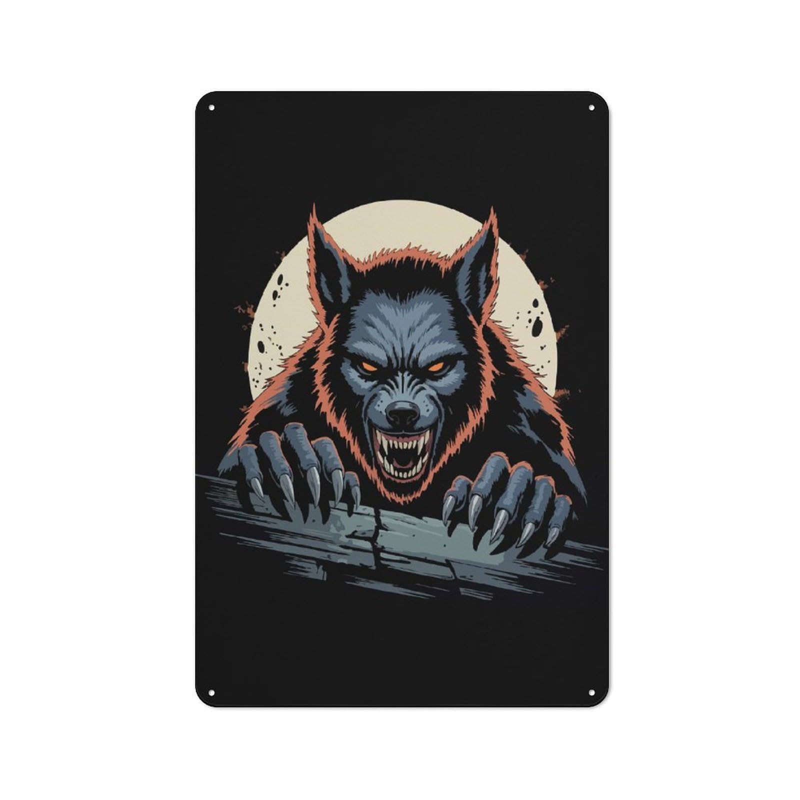 Junmoney Style-16 Tin Wall Plaque 30X20cm With Werewolf Illustration With Moon Background For Pub Or Café, For Hospitality Wall Decor Collectors