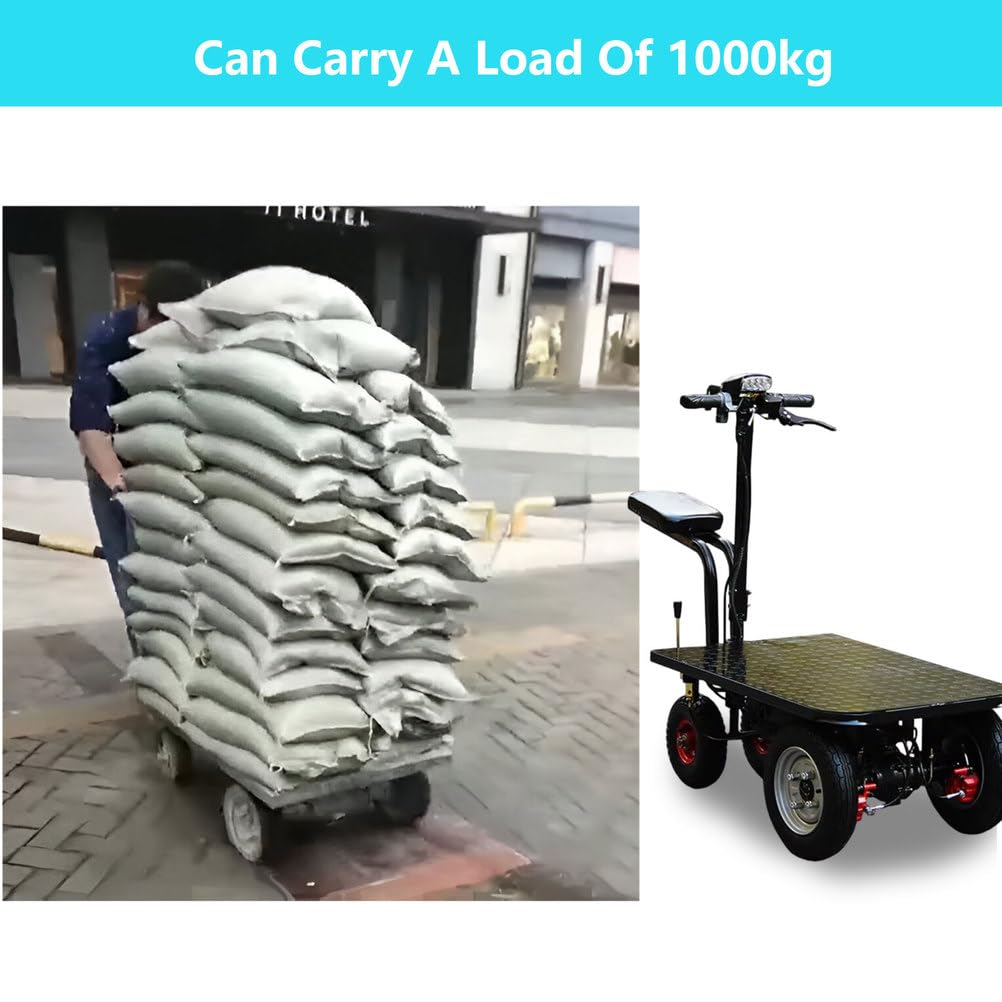 Carrello elettrico per camion con piattaforma, carrello mobile resistente con ruote e sedile per trasporto bagagli e carichi, design piatto per un facile carico e manovrabilità
