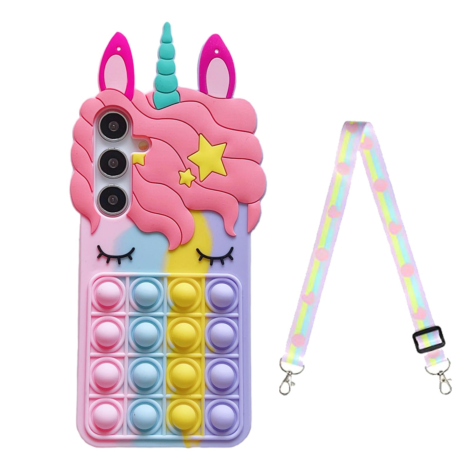 Lubiogio Stress Relief Phone Case for Samsung Galaxy S24 Plus/S25 Plus 6.7 inch with Strap,3D Cute Cartoon Kawaii Push Pop Bubble Unicorn Character