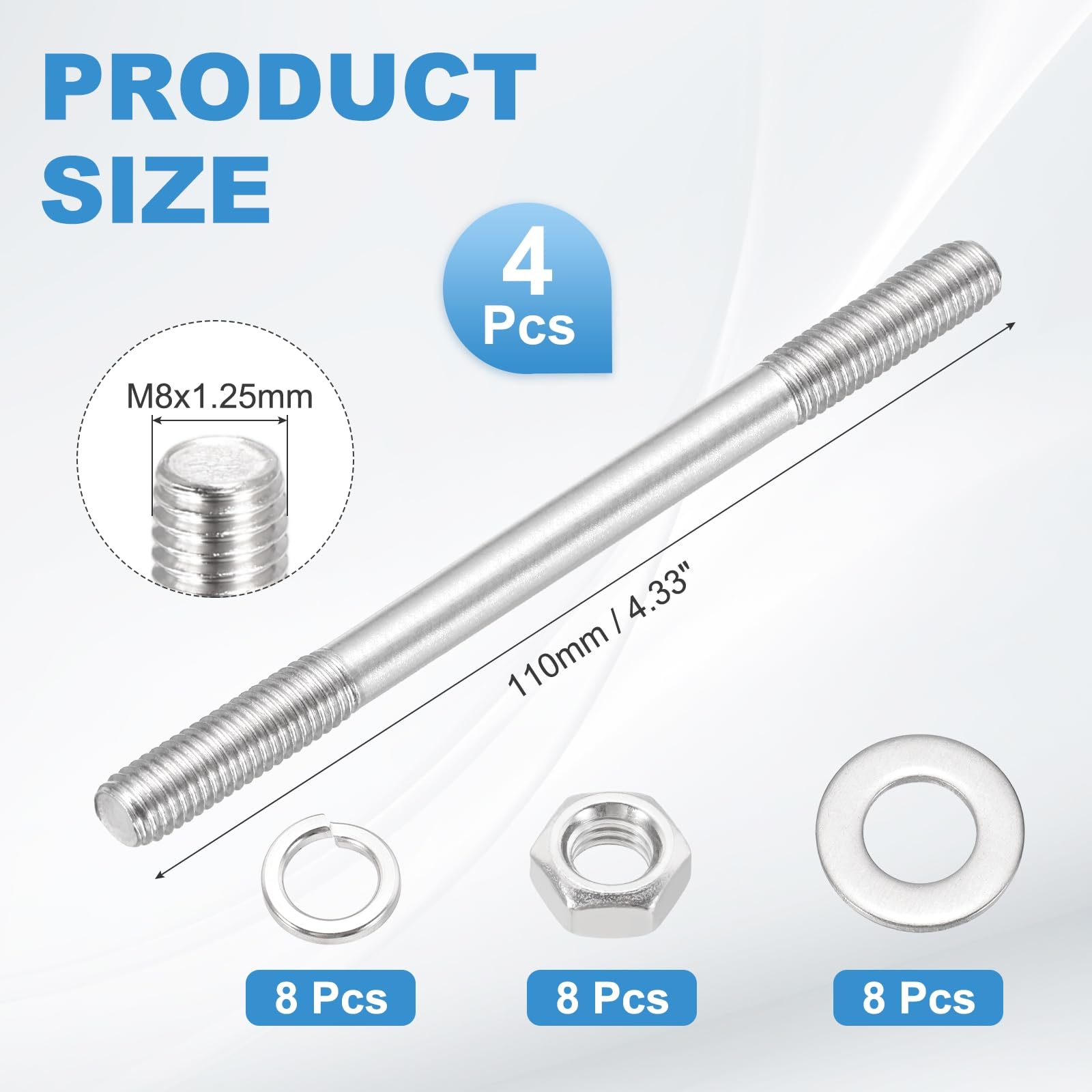 sourcing map Juego de 4 tornillos M8 x 110 mm de doble extremo, acero inoxidable 304 con arandela de tuerca para mantenimiento de la casa, tornillo de fijación de anclaje estructural