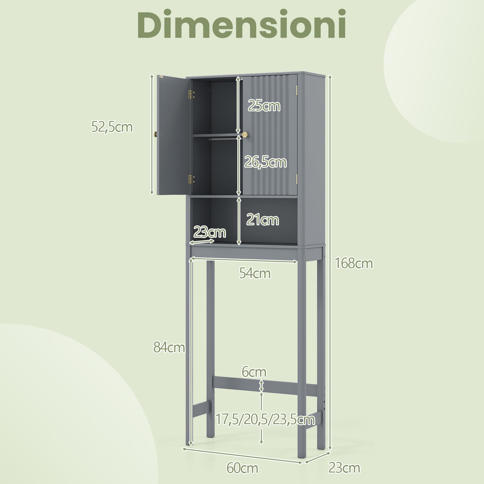 COSTWAY Mobile Bagno Sopra WC, Scaffale per Lavatrice Salvaspazio con 2 Ante, Mensola Aperta e Ripiano Regolabile, Armadietto Sopra Gabinetto in Legno, 60 x 23 x 168 cm (Grigio)