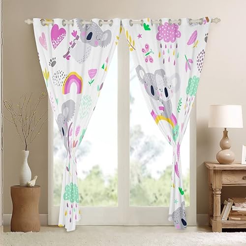 Koala Curtains Sets Koala Bear Window Curtains Raining Rainbow Blackout Curtains Kawaii Room Decor Cute Animals Flowers Paw Print Curtains Drapes Living Room Decor 2 Panels 52W"X84L" Green Pink #TOP4