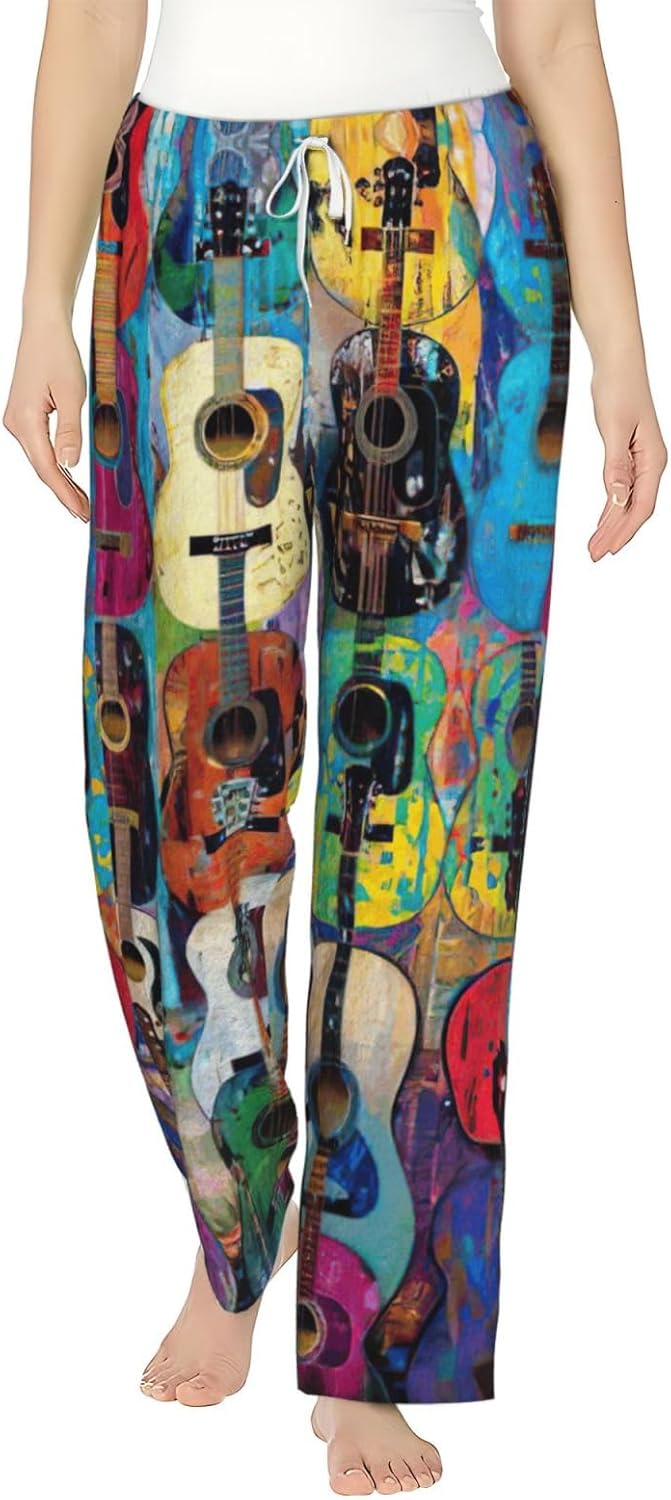 Color Acoustic And Guitars Print Fashion Cozy Womens Flannel Pajama Pants,Perfect For Christmas And Everyday Wear