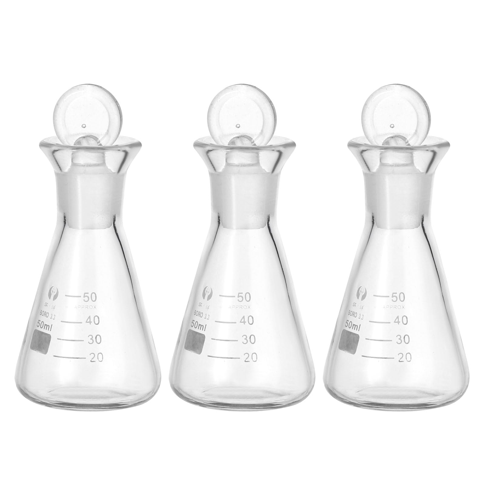 PATIKIL Matraz Erlenmeyer, 3 Pcs 50ml 1.7oz Boca Estrecha Matraces Graduados Con Tapón De Vidrio Matraces De Vidrio Borosilicato Con Escala Impresa Para Experimentos Química Ciencia