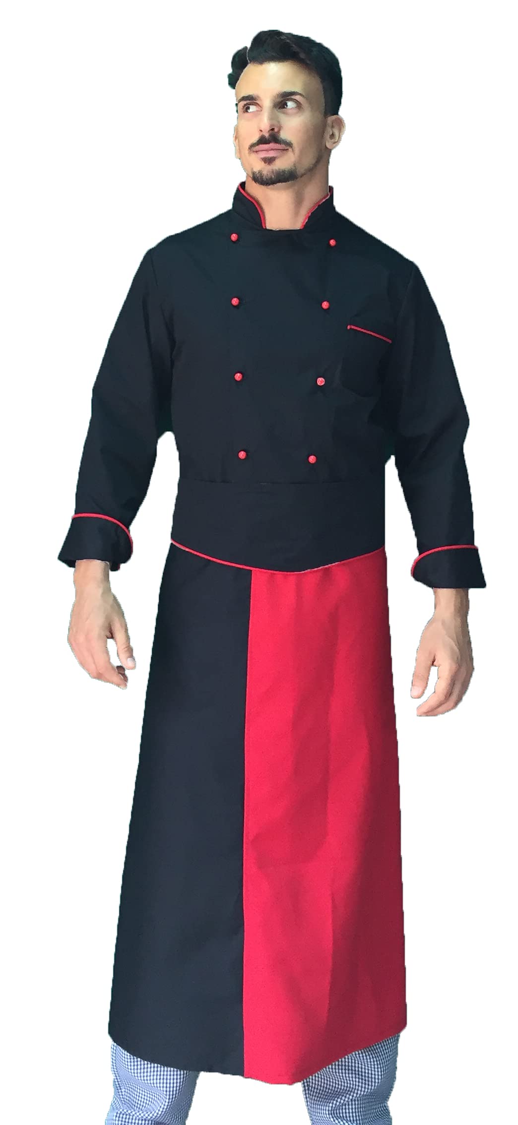 Ricamo Gratuito - Completo Cuoco Uomo - Nero/Rosso - Divisa Chef - Giacca, Pantaloni e Grembiule - 100% Cotone - Uniforme per Cucina e Ristorante