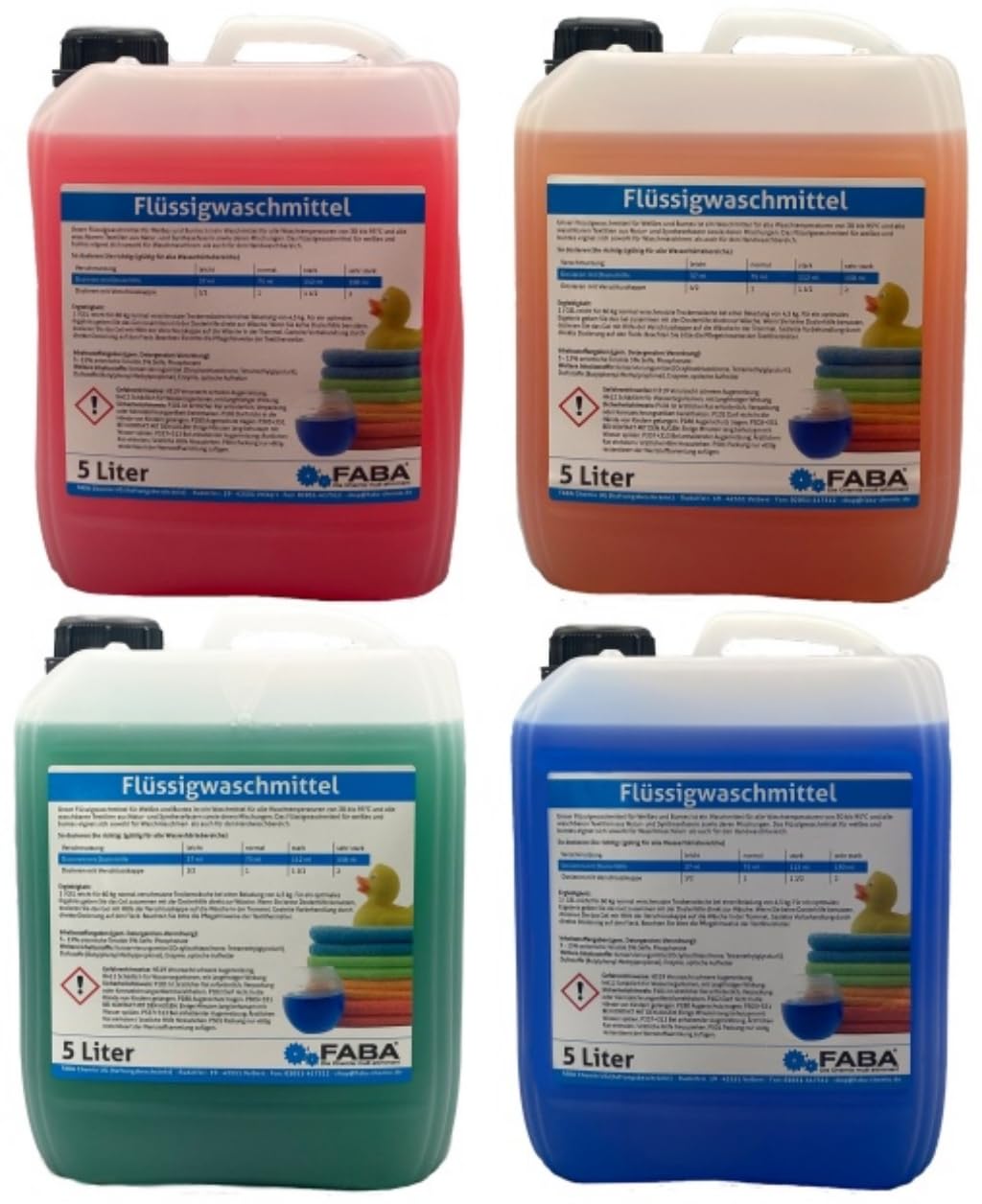 FABA Flüssigwaschmittel Konzentrat Vollwaschmittel 4x5 L bunt, rot orange grün blau, gratis Auslaufhilfe