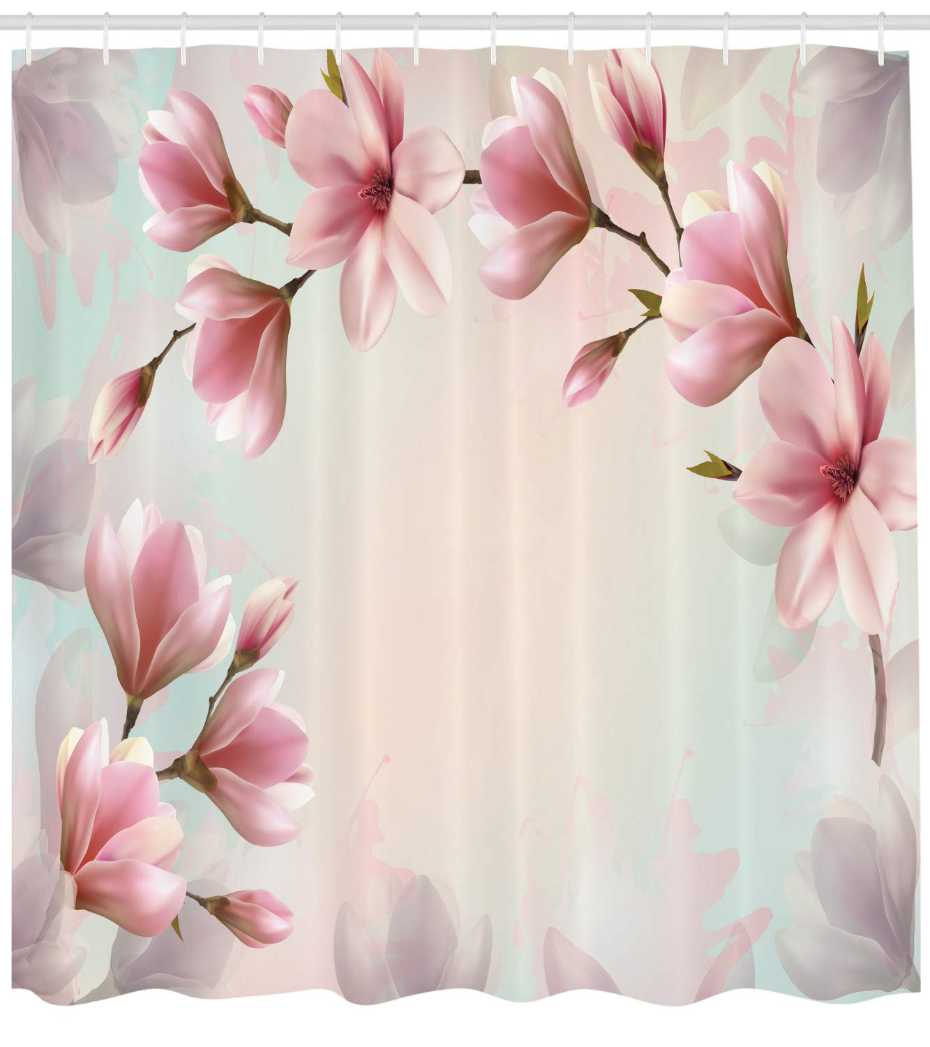 ABAKUHAUS Magnolia Shower Curtain, Double Exposure Effect Fragile Pink Petals and Sprouting Branches - Image 2