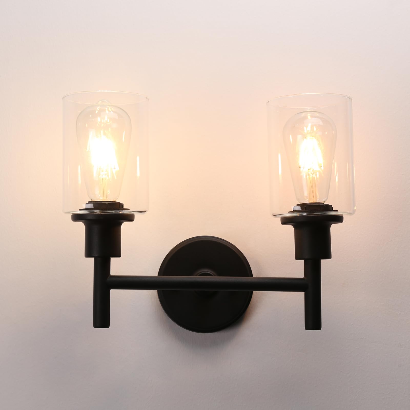 Phansthy Black Retro Style Dual Head Wall Lights Industrial Glass Shade Double Head Vintage Wall Sconces Indoor Light For Loft Bar Kitchen Lamp Bedroom Vanity Mirror E27 (Black)