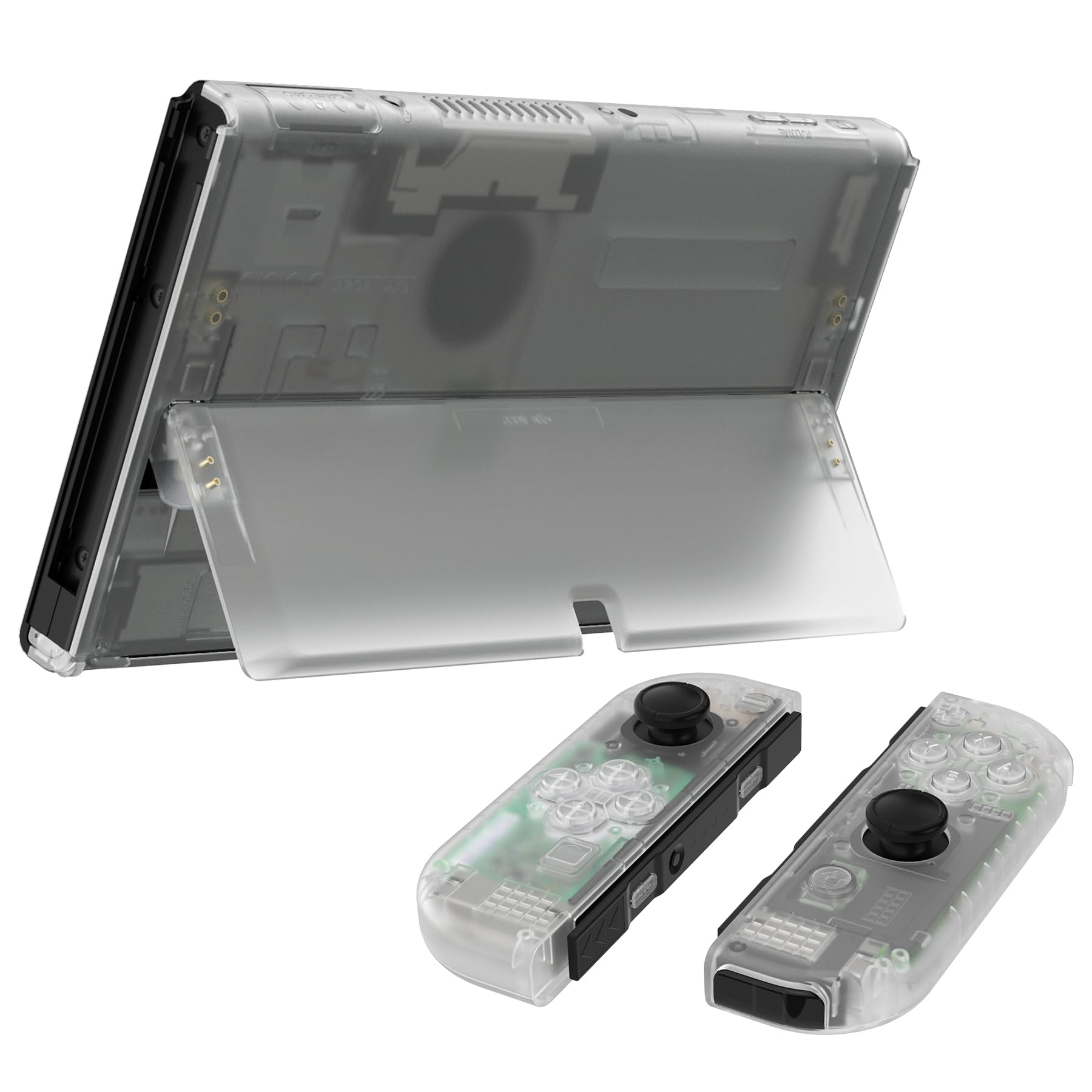 eXtremeRate Cover Pulsanti Tasti Ricambio per Nintendo Switch OLED Console Joycon,Custodia Posteriore Controller Scocca Supporto Shell KickStand per Nintendo Switch OLED-Trasparente Illuminare