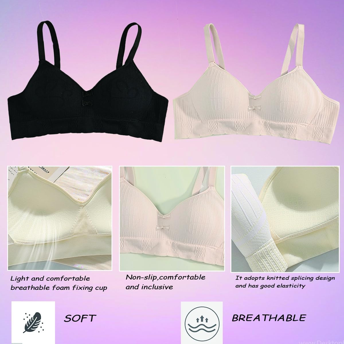 Teen Girls Cotton Bras Breathable Underwear Wire Free Sports Bra with Adjustable Straps Training Bralette - Image 3