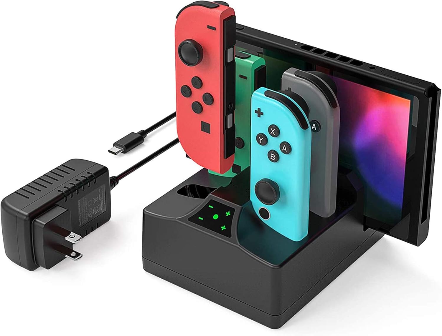 Charging Station Charger for Nintendo Switch Controller, 5 in 1 Fast Switch Joycon Charger Charging Station Dock Stand for Nintendo Switch with AC Adapter, LED Indicator and 5FT Type C Cable