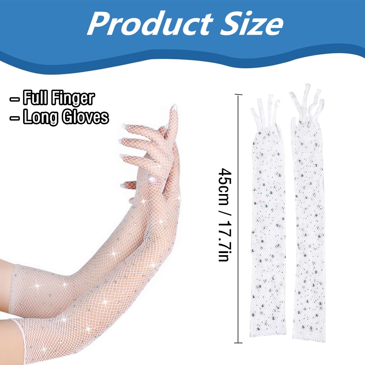 TouKingda Women's Sparkly Mesh Fingerless & Long Fish Net Gloves, 2 works, White, One Size, Rhinestone Embellished - Image 2
