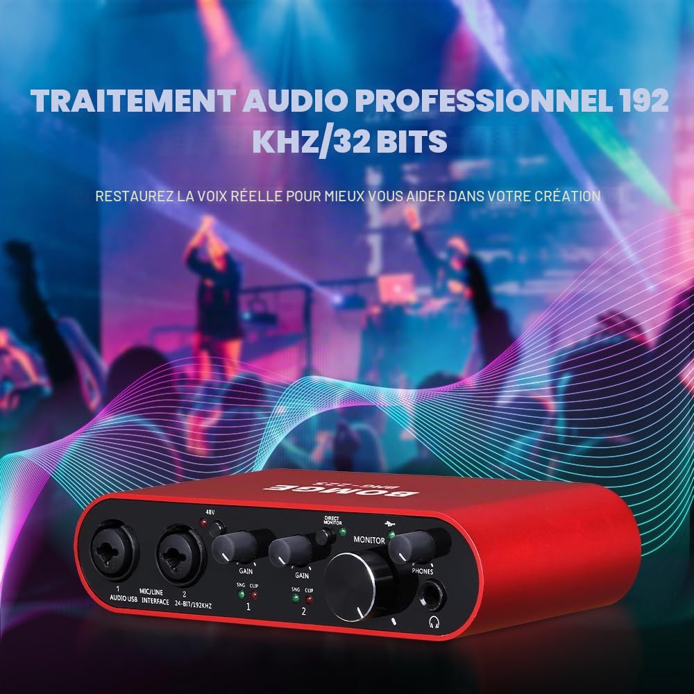 BOMGE Interface audio USB 22S Red avec alimentation fantôme XLR/48 V, haute fidélité, 32 bits/192 kHz, pour mixeur audio de studio, pour guitariste, vocalist, podcaster, producteur, Plug and Play