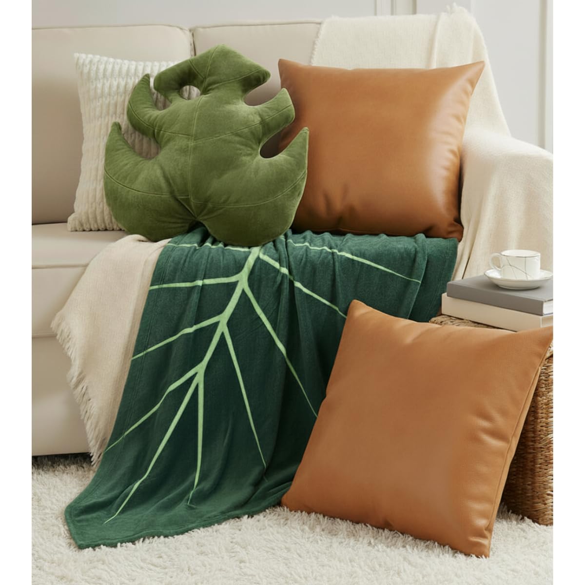 Green Philosophy Co. Plush Succulent Leaf Pillow 3D Accent Anthurium Warocqueanum Plant Throw Pillows for Couch Sofa Living Room Home Decor for Plant & Garden Lovers, Green Thumb Family & Friends: Monstera Deliciosa - Mossy Earth