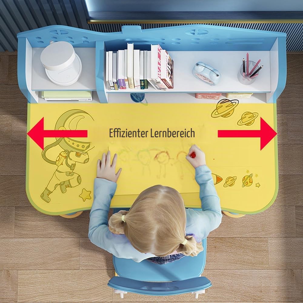 Kinder-Schreibtisch- und Stuhl-Set, höhenverstellbar, Kinderstudiertisch mit Schublade, Bücherregal, Kindersitztisch für Jungen, Mädchen, Schule, Zuhause, Arbeitszimmer (Space Blue)