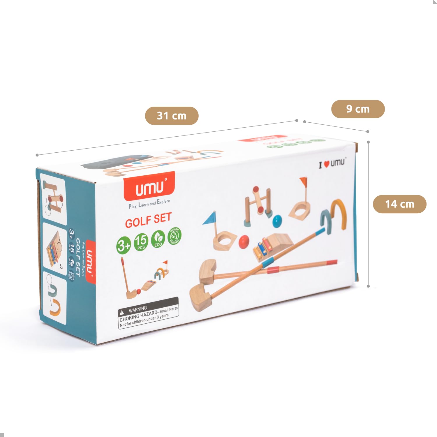 umu® Minigolf Set aus Holz für Kinder – 6 Hindernisse, Indoor und Outdoor Spielzeug Golfset mit Bällen und Golfschlägern – Kreatives Lernspielzeug für Jungen und Mädchen ab 3 4 5 6 Jahren
