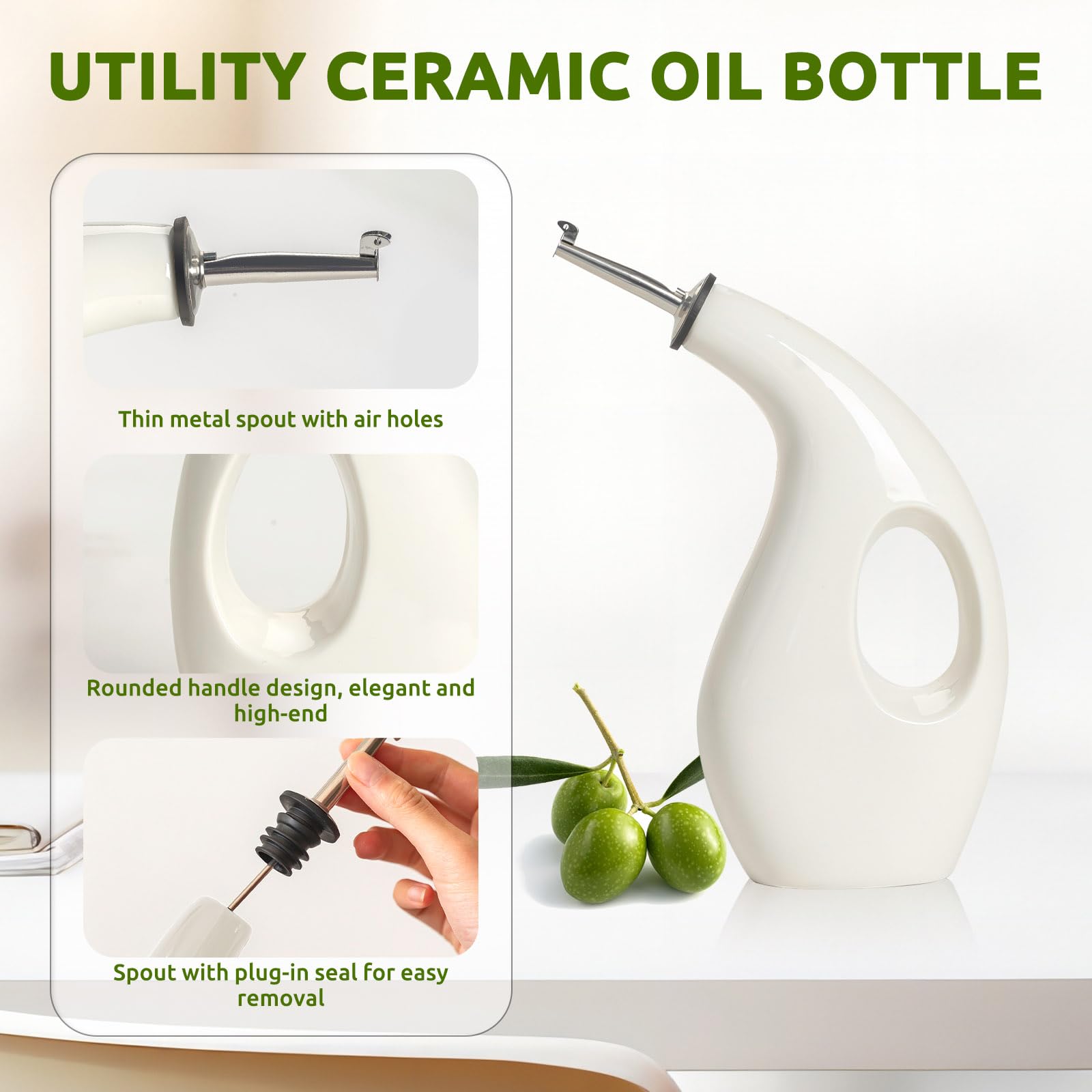 Ceramiczny dozownik oliwy z oliwek do kuchni, 500 ml octu i dozownika oleju z lejkiem ze stali nierdzewnej, napełniany matowy dozownik do kawy, sosu sojowego, biały