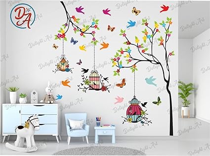 Delight Art Tree with Birds and Hanging Cages Design Wall Sticker Size - (109 * 120) cm Model id-(DAMC01081L)