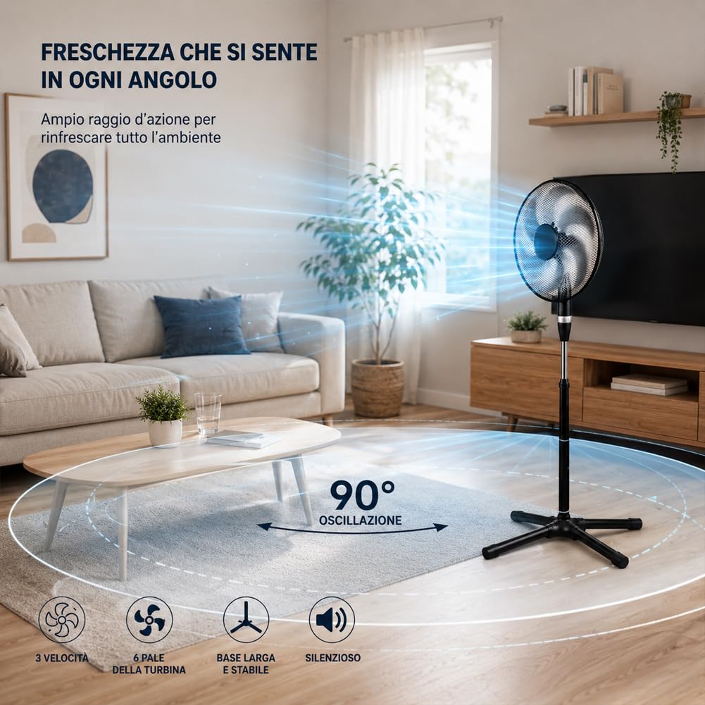 BAKAJI Standventilator Leistung 75 W schwarz mit 6 Flügeln Durchmesser 40 cm und Gitter 45 cm, selbsttragender Air Fan mit breitem und soliden Sockel und 3 wählbaren Geschwindigkeiten mit Gleitring