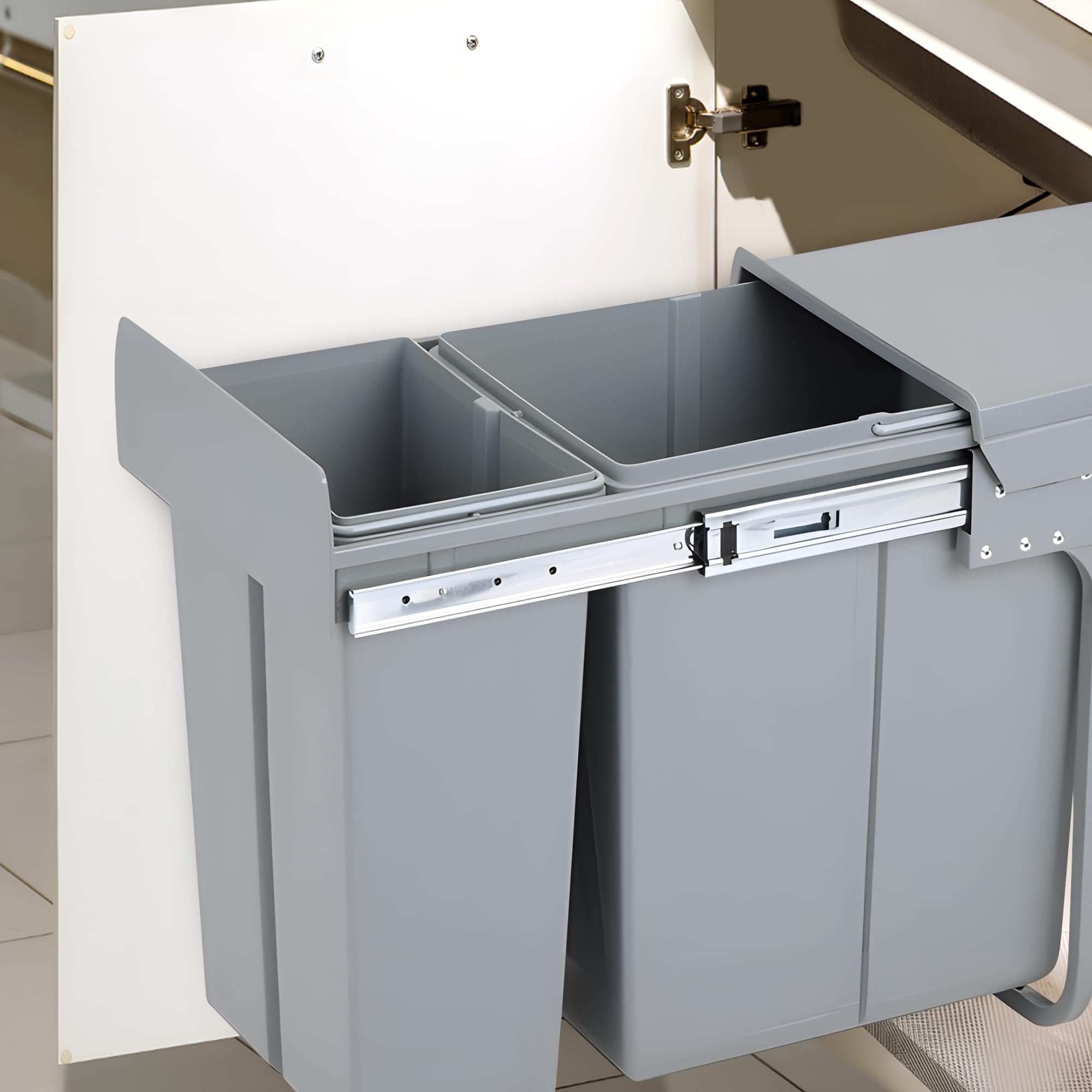 Nisorpa Ausziehbarer Küchen-Mülleimer, 20 l + 10 l, Recycling, Küchenschrank, Mülleimer, Abfalleimer, geschlossener Mülleimer mit zwei Fächern für Müll, Müllsortierung, 480 x 260 x 418 mm, Grau