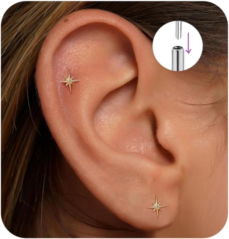 Flat Back Stud Cartilage Tragus Helix Nose Piercing Earrings Jewelry For Women Conch Threadless 18G Titanium Surgical Steel Hypoallergenic 14K Gold plated CZ Silver Small Tiny Studs