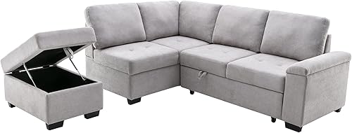 Miniatura 8 de Woanke Sofá esquinero seccional de 86 pulgadas en forma de L otomana y almacenamiento de brazos ocultos para el hogar apartamento terciopelo negro