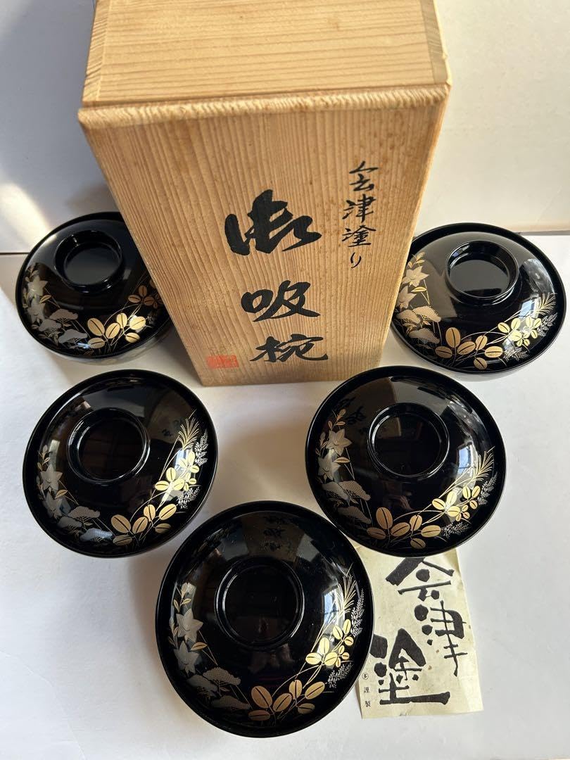 会津塗　漆器　金彩 蒔絵 桜鈴紋　お吸物椀　雑煮椀　汁椀　お椀　5客　未使用 会津塗 金彩蒔絵梅文様 蓋付きお吸物椀 雑煮椀 お椀 5客