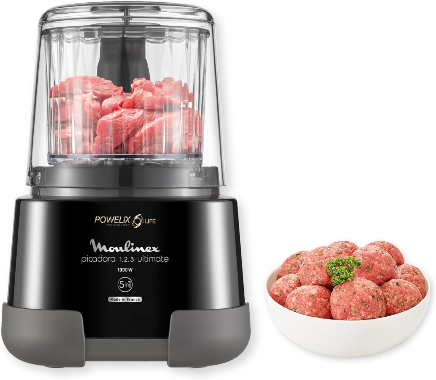Moulinex Picadora eléctrica 1,​2,​3, Potencia de 1000 W, Cuchillas Powelix Life, Capacidad de 550 ml, Tapa hermética con cierre seguridad, Sistema de protección contra el sobrecalentamiento, DP8108