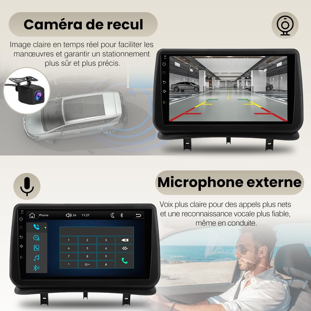 AWESAFE Autoradio pour Renault Clio III 2005-2014, 9 Pouces Écran Tactile HD, CarPlay & Android Auto sans Fil, Bluetooth, Caméra de recul, Commande au Volant, DSP, WiFi GPS
