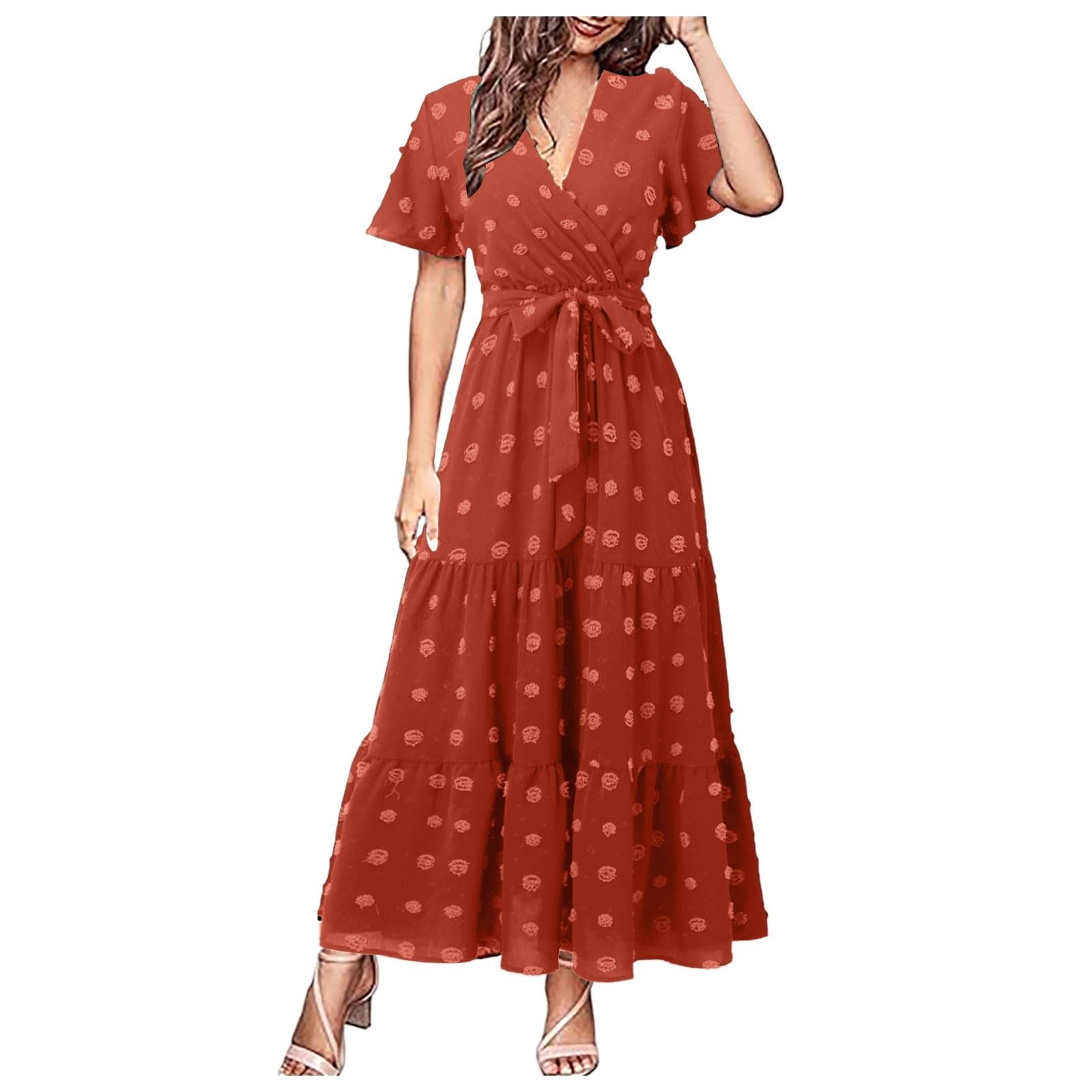 Robe longue bohème à pois pour femme, col en V, flutte, manches courtes, couleur unie, ceinture à nouer, ligne trapèze, robe longue