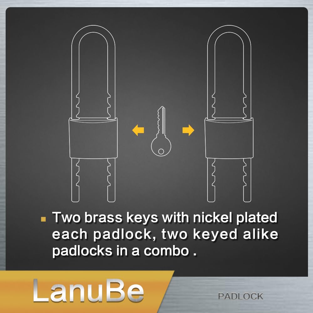 Fu Volante Solid Brass Outdoor Padlocks, 2 Inch Wide Body, 4 Pack Keyed Alike Locks With Removable Adjustable-Length Shackle - View #2