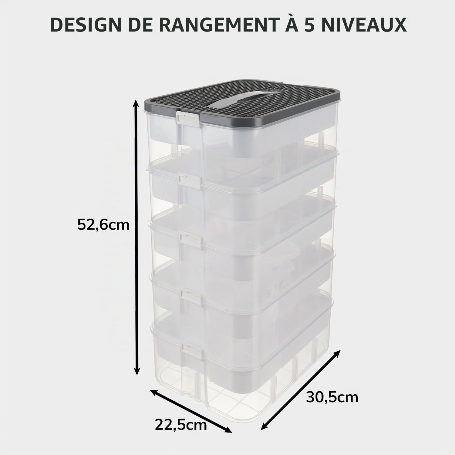 KRUZZEL Boîte de rangement 35 l avec poignée et séparateurs - Boîte empilable à 5 étages - Transparente - Pour jouets et fournitures scolaires - Pour enfants