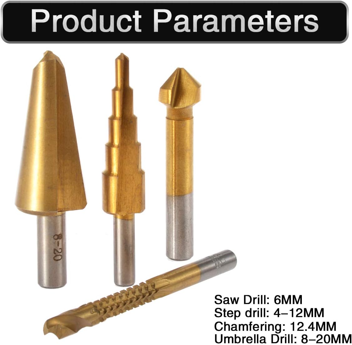 4Pcs HSS Titanium Coated Drill Bit Set Hole Cutter Kit,Step Drill bit Saw Twist Drill Bit Umbrella Chamfer Drill Bit Chamfering End Mill Countersink Drill Bit
