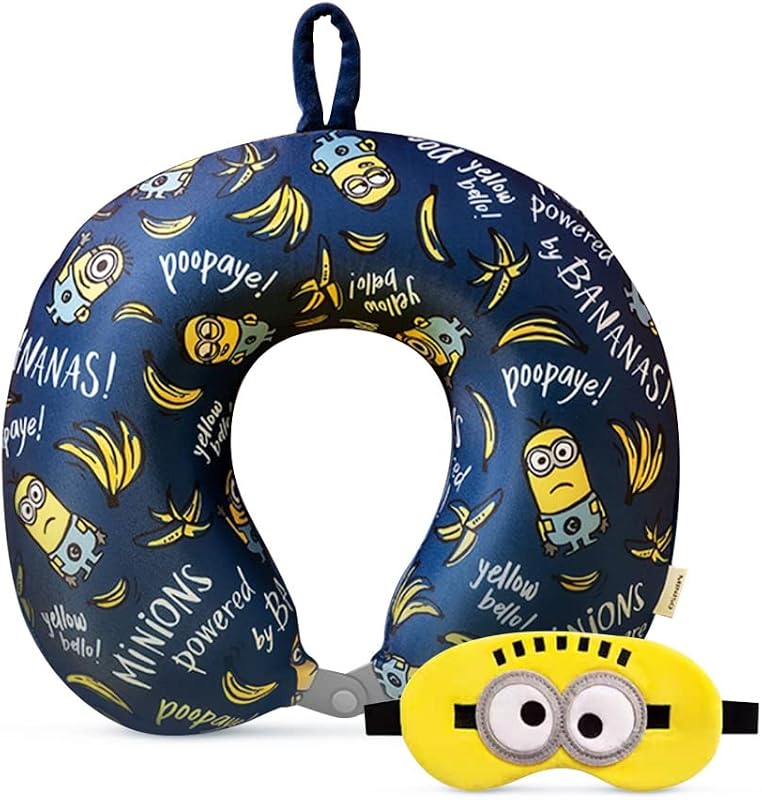 Minions Almohada de viaje para el cuello con máscara para los ojos, linda almohada de apoyo para el cuello de espuma viscoelástica 100%, juego de almohada de viaje ligero para avión, auto y uso doméstico