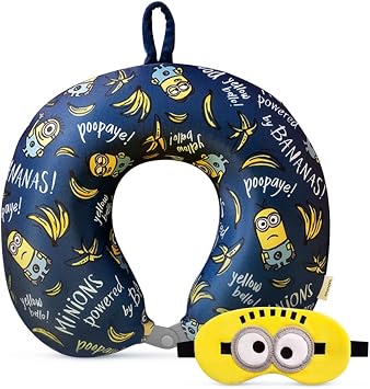 MINISO Minions وسادة رقبة السفر مع قناع العين ، كرتون لطيف 100٪ وسادة دعم الرقبة الرغوية الذاكرة ، مجموعة وسادة السفر خفيفة الوزن للطائرات والسيارات والاستخدام المنزلي