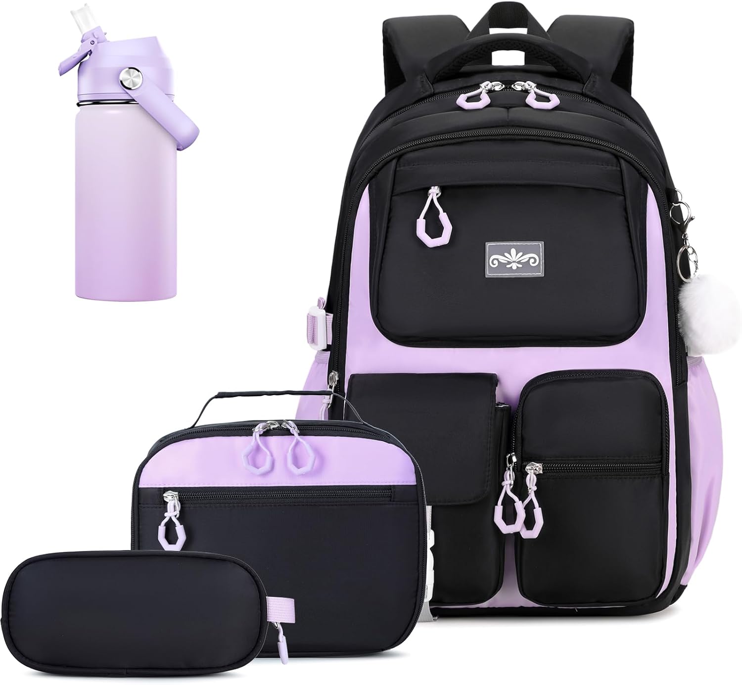 4pcs Girls Backpack Set, Backpacks for Girls with 14OZ Water Bottle Lunch Bag for Teens Elementary Middle School