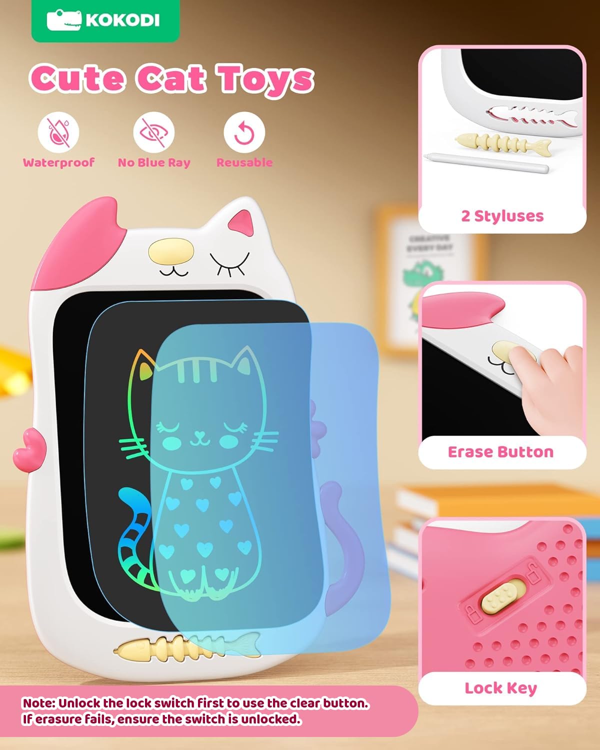 Kokodi Tablero De Dibujo LCD De 10 Pulgadas Con Diseño De Unicornio - Juguete Educativo Reutilizable Para Niñas Y Niños De 3 A 7 Años, Regalo De Cumpleaños Y Navidad