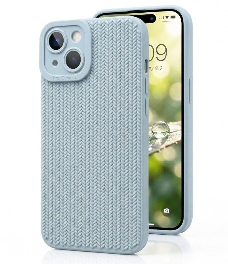 Image of amazon basics Luxury 3D Knitted Texture Soft Silicone Back Cover for iPhone 14 | Slim Fit Shockproof Case with Camera Protection & Non-Slip Grip - Blue