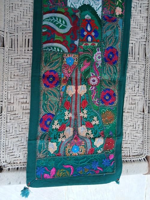 Handmade Traditional Embroidered Table Runner Vintage Colorful Patchwork Décor Dining Table Console Dresser Party Ethnic Style (Deep Green)